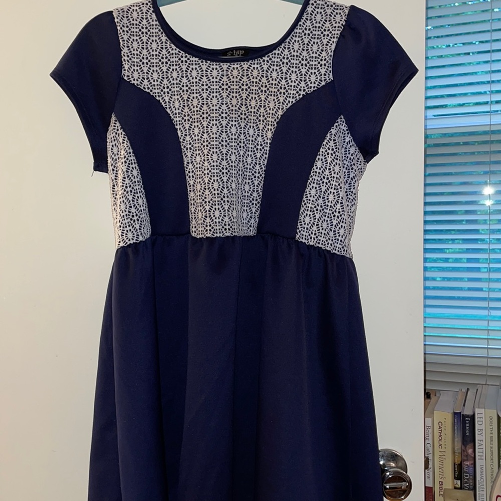 Navy short sleeve dress with white lace overlay